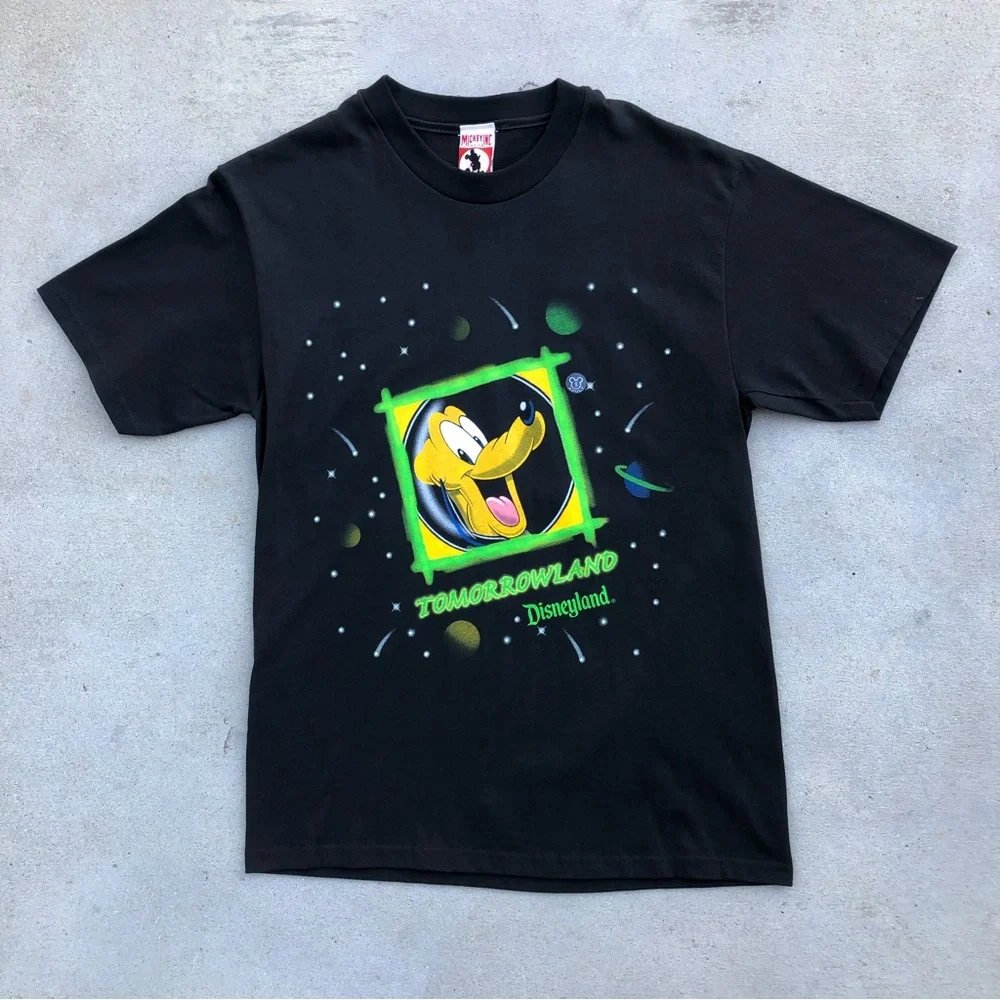 Vtg Disney Tomorrowland Pluto Cartoon Graphic Black Mickey Inc Tee - Size Small - Picture 2 of 9